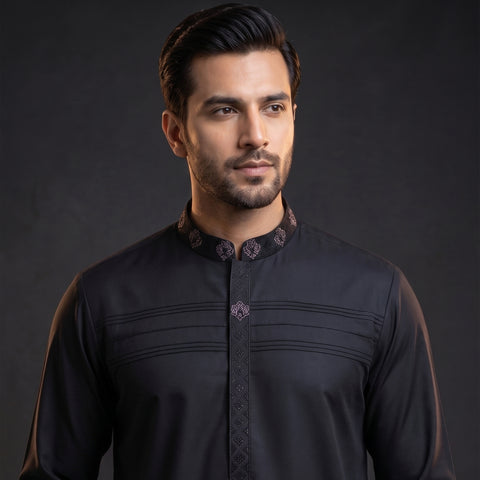 Embroidered With Semi-Tailored Pintex Work Kameez Shalwar | Premium Unstitched Fabric For Men