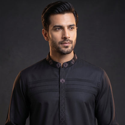 Shop Karigari by Fabrich Black Blend Wash & Wear with handmade Bann/Pocket Motif details and elegant front pintex work. Premium 4.5 Meter luxury unstitched fabric