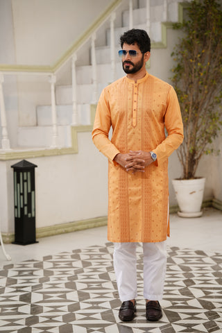 Carrot-Orange & Zinc Embroidered Kurta Shalwar - Soft Fine Cotton