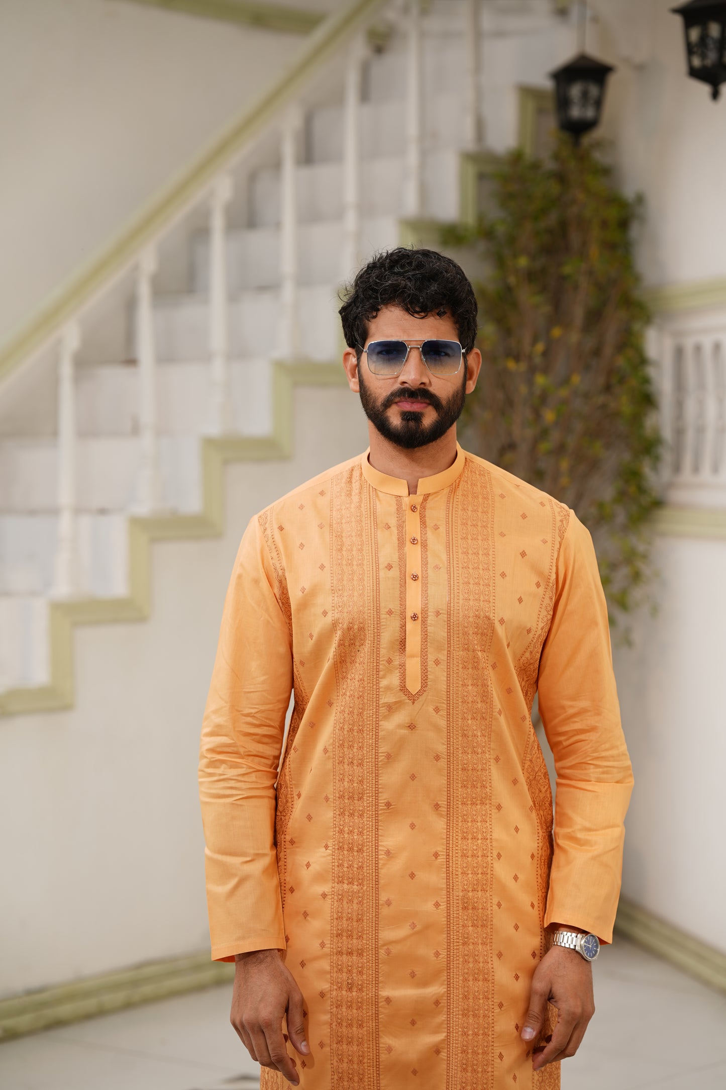 Carrot-Orange & Zinc Embroidered Kurta Shalwar - Soft Fine Cotton