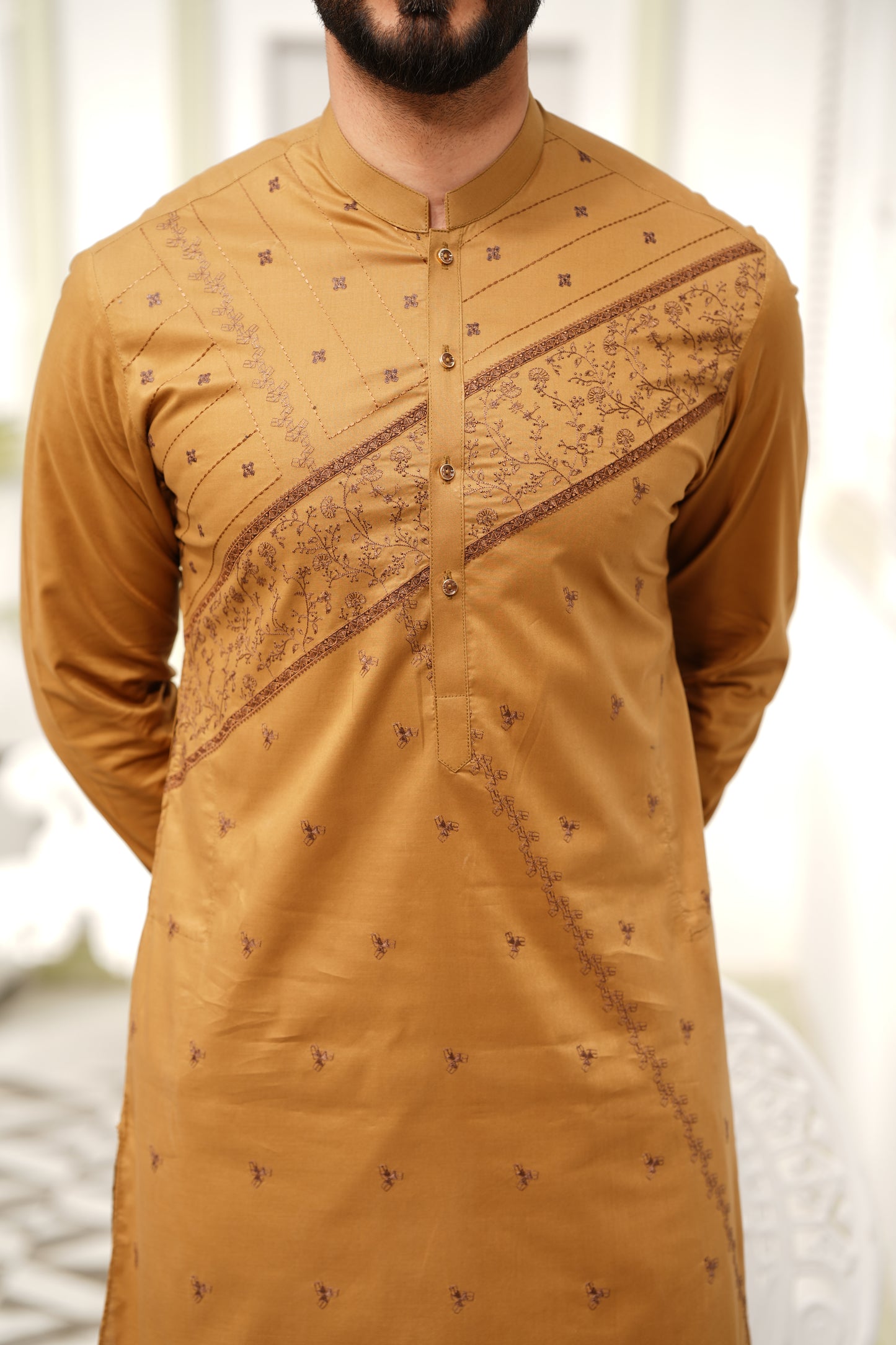 Coffee-Brown Embroidered Kameez Shalwar - Soft Fine Cotton, 4.5 M