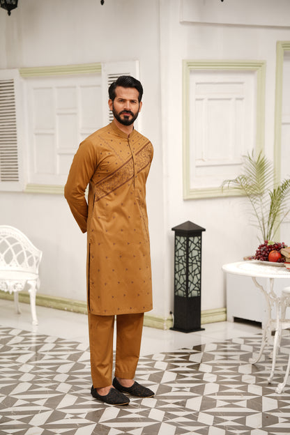 Coffee-Brown Embroidered Kameez Shalwar - Soft Fine Cotton, 4.5 M