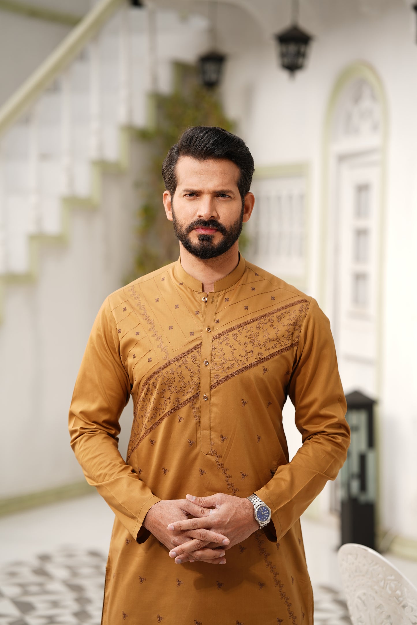 Coffee-Brown Embroidered Kameez Shalwar - Soft Fine Cotton, 4.5 M