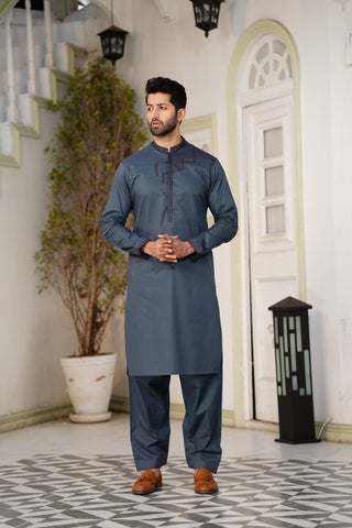 Lead Embroidered Kameez Shalwar - Soft Fine Cotton, 4.5 M