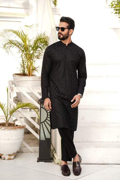 Black Allover Embroidered Kameez Shalwar - Luxury Cotton