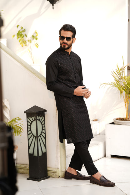 Black Allover Embroidered Kameez Shalwar - Luxury Cotton