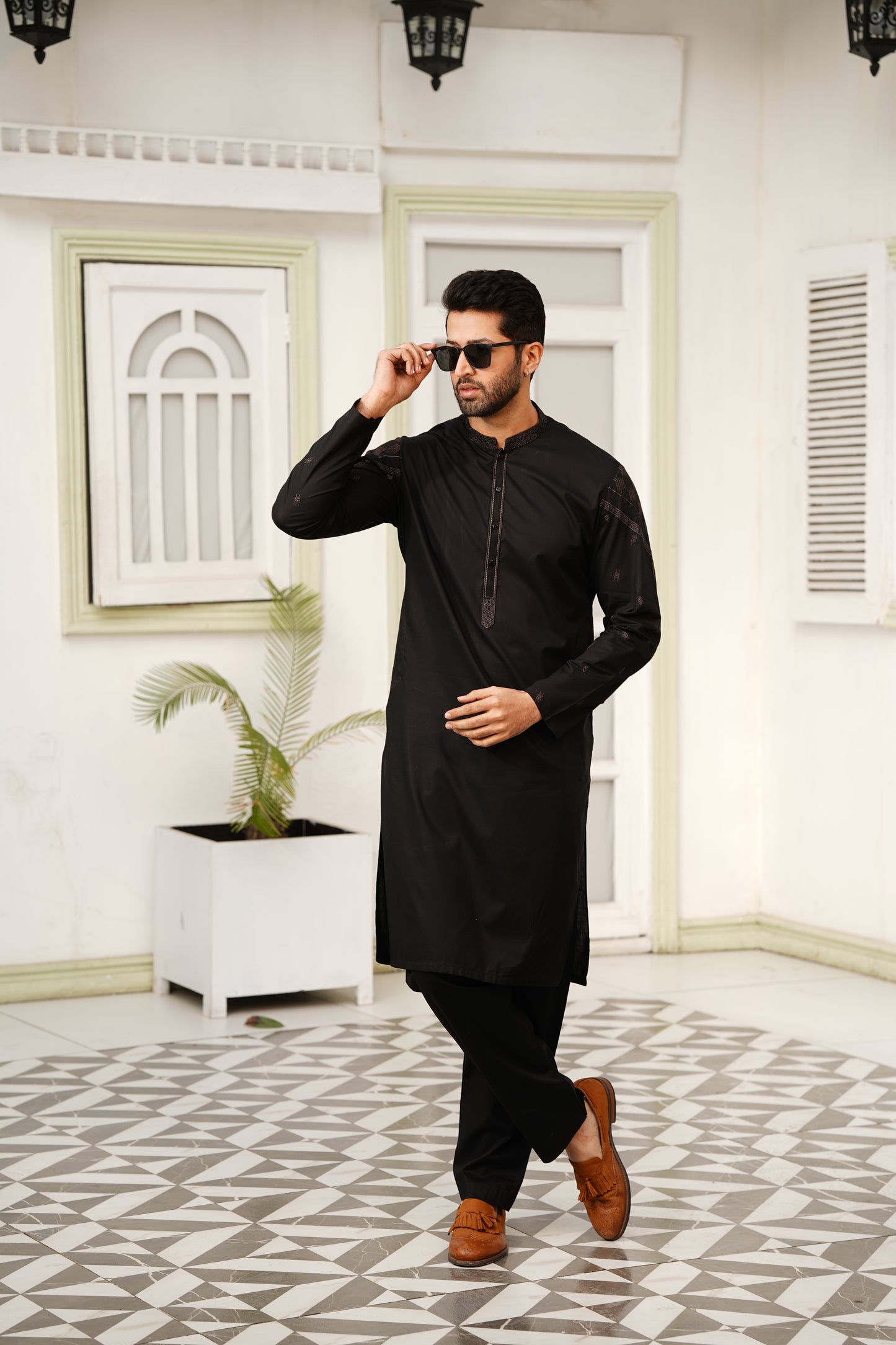 Black Embroidered Kameez Shalwar - Chest & Sleeves Design