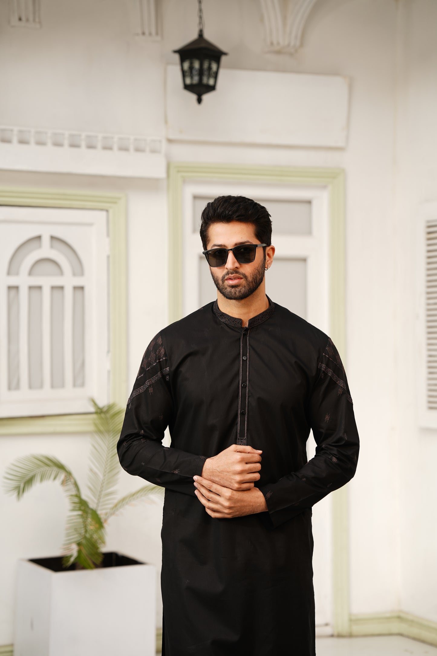 Black Embroidered Kameez Shalwar - Chest & Sleeves Design