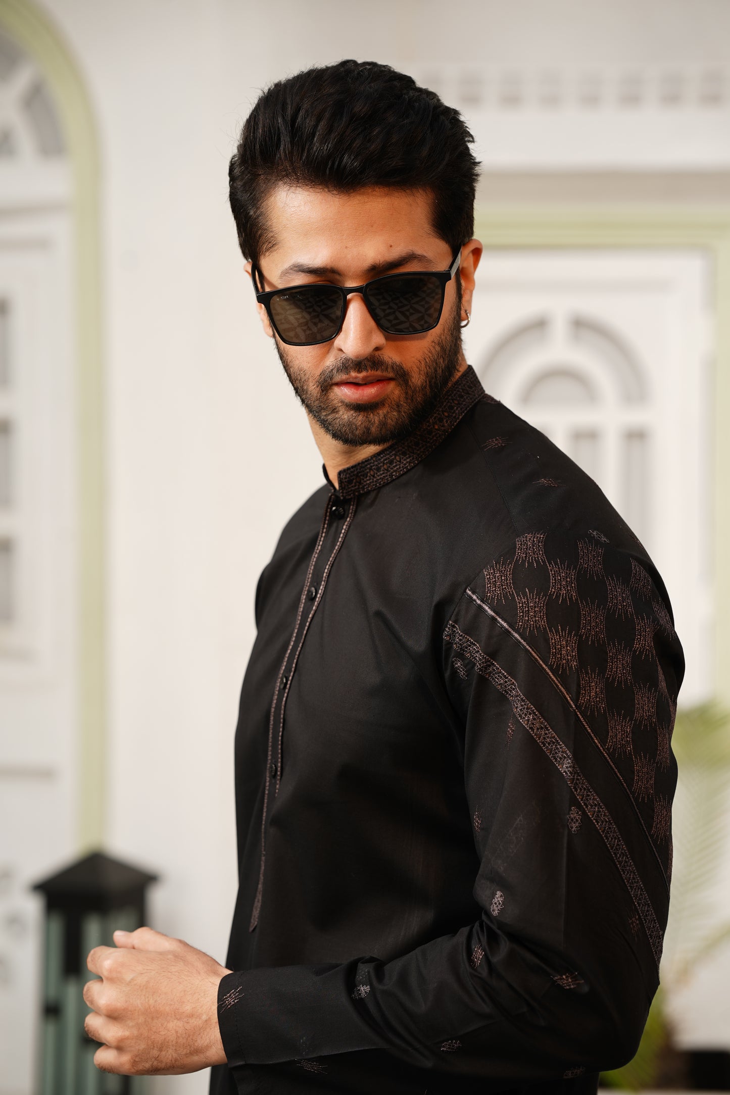 Black Embroidered Kameez Shalwar - Chest & Sleeves Design