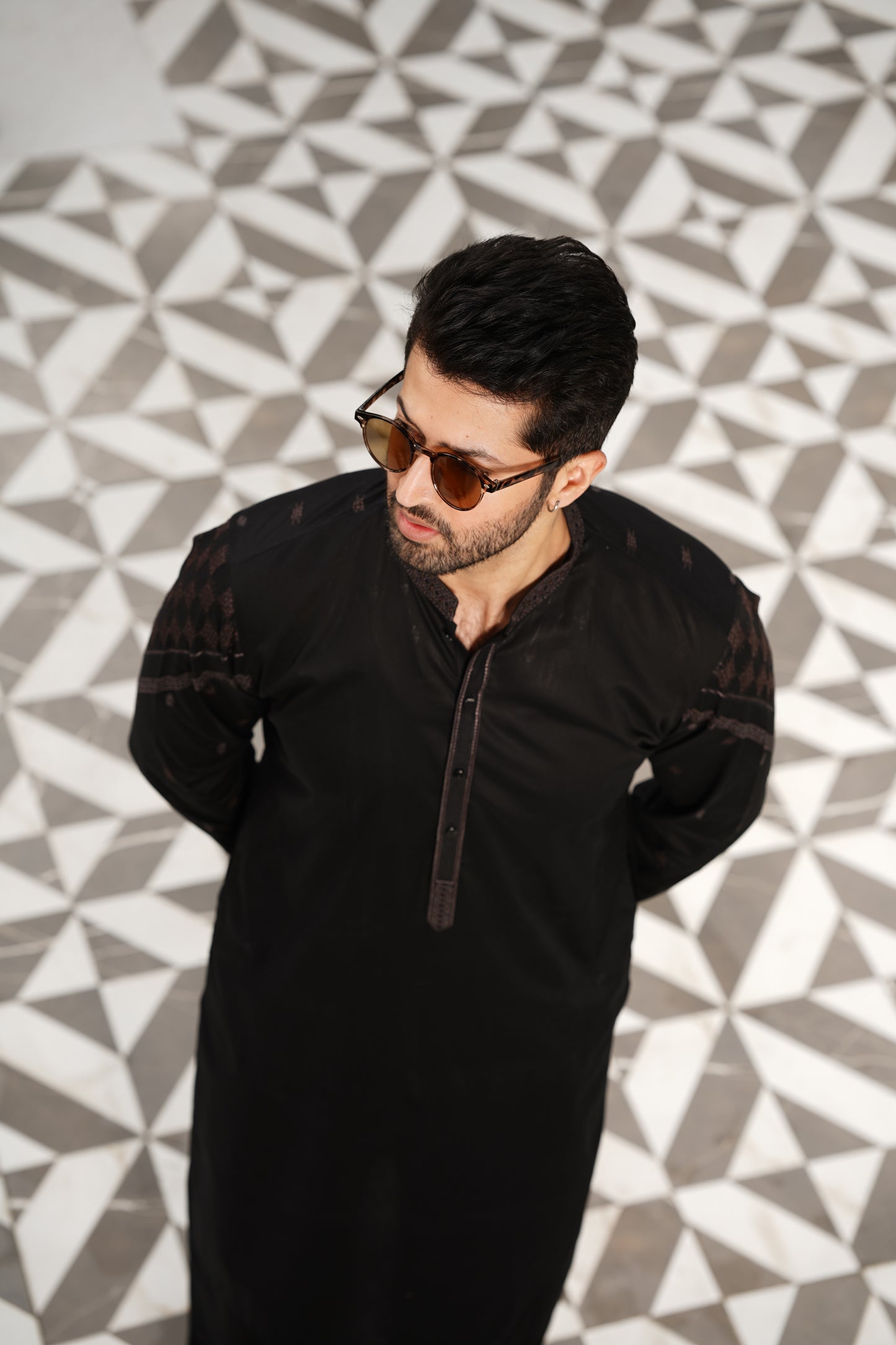 Black Embroidered Kameez Shalwar - Chest & Sleeves Design