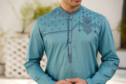 Pale-Turquoise Embroidered Kameez Shalwar - Chest & Placket Design