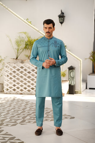 Pale-Turquoise Embroidered Kameez Shalwar - Chest & Placket Design