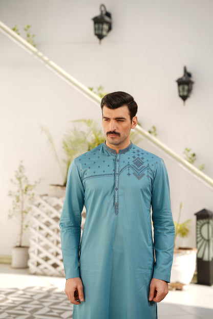 Pale-Turquoise Embroidered Kameez Shalwar - Chest & Placket Design