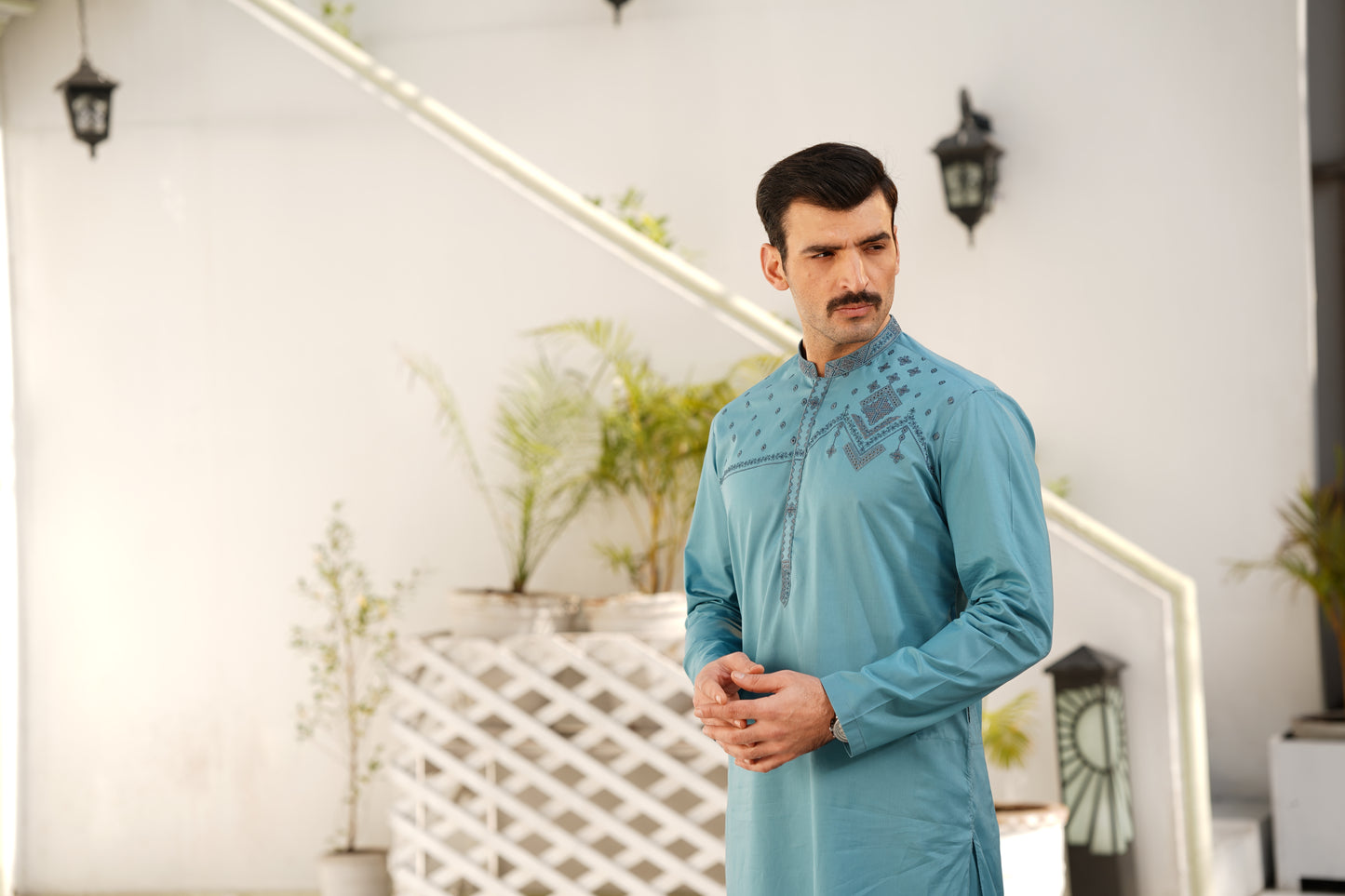 Pale-Turquoise Embroidered Kameez Shalwar - Chest & Placket Design