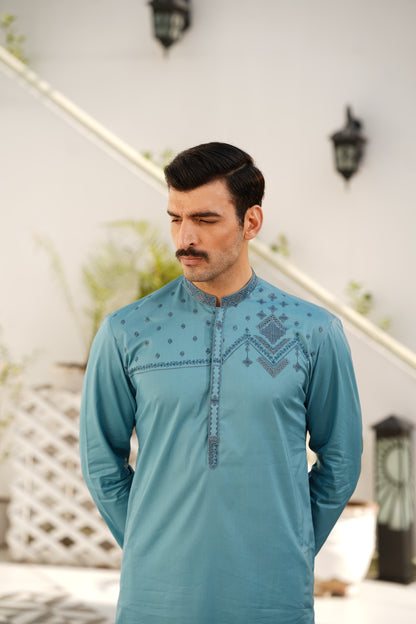 Pale-Turquoise Embroidered Kameez Shalwar - Chest & Placket Design