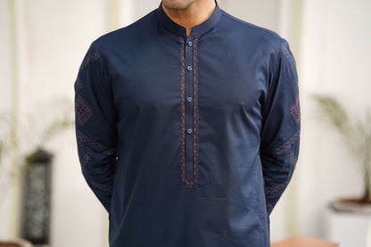 Navy Embroidered Kameez Shalwar - Sleeve & Neckline Design