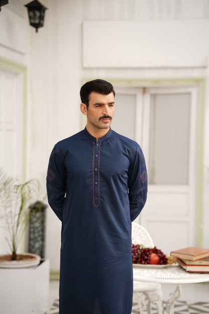 Navy Embroidered Kameez Shalwar - Sleeve & Neckline Design