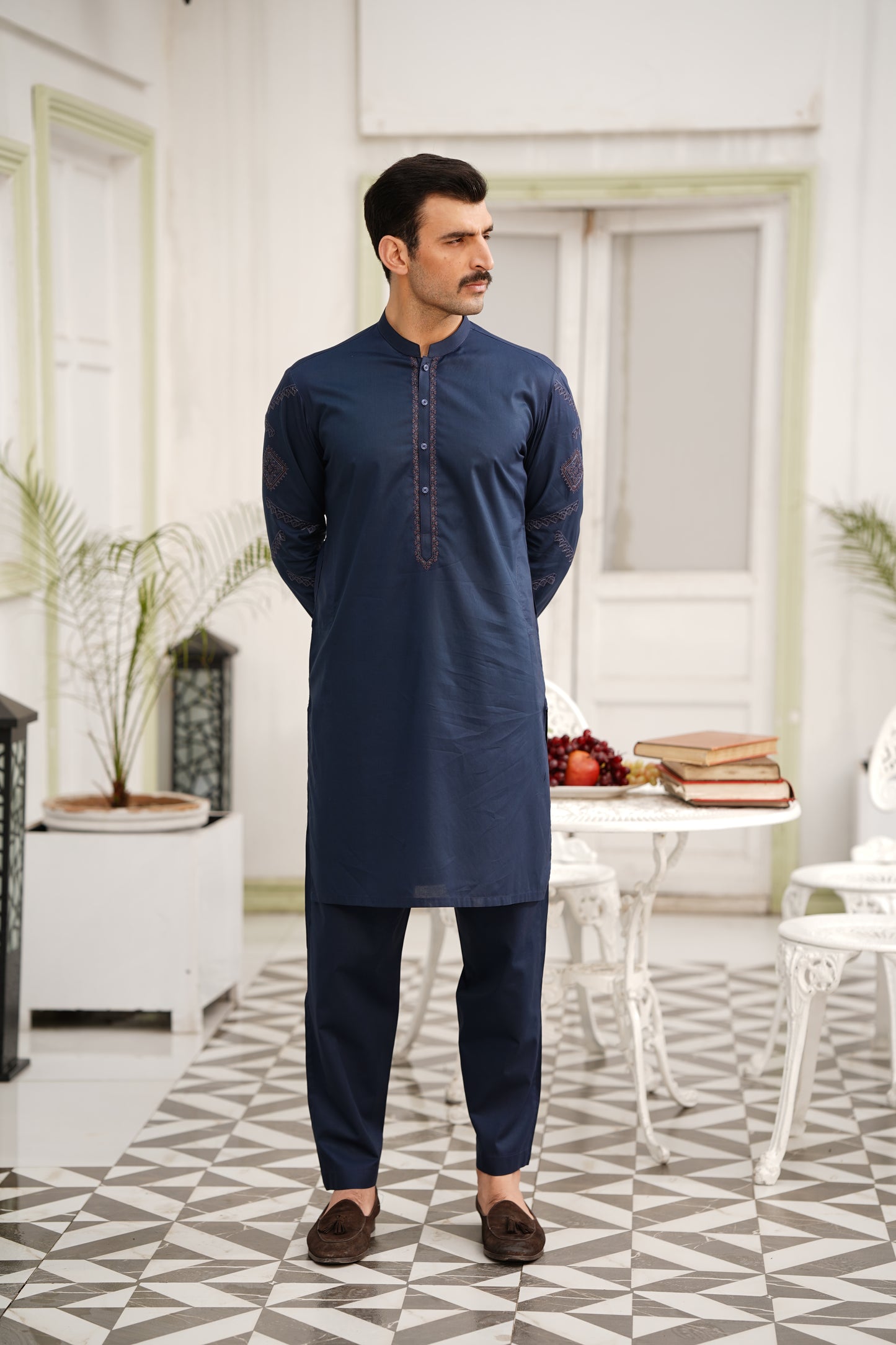 Navy Embroidered Kameez Shalwar - Sleeve & Neckline Design