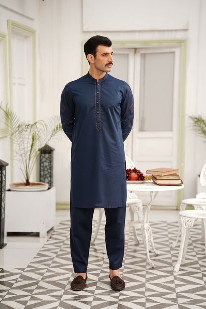 Navy Embroidered Kameez Shalwar - Sleeve & Neckline Design