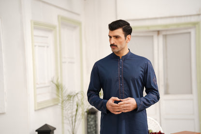 Navy Embroidered Kameez Shalwar - Sleeve & Neckline Design