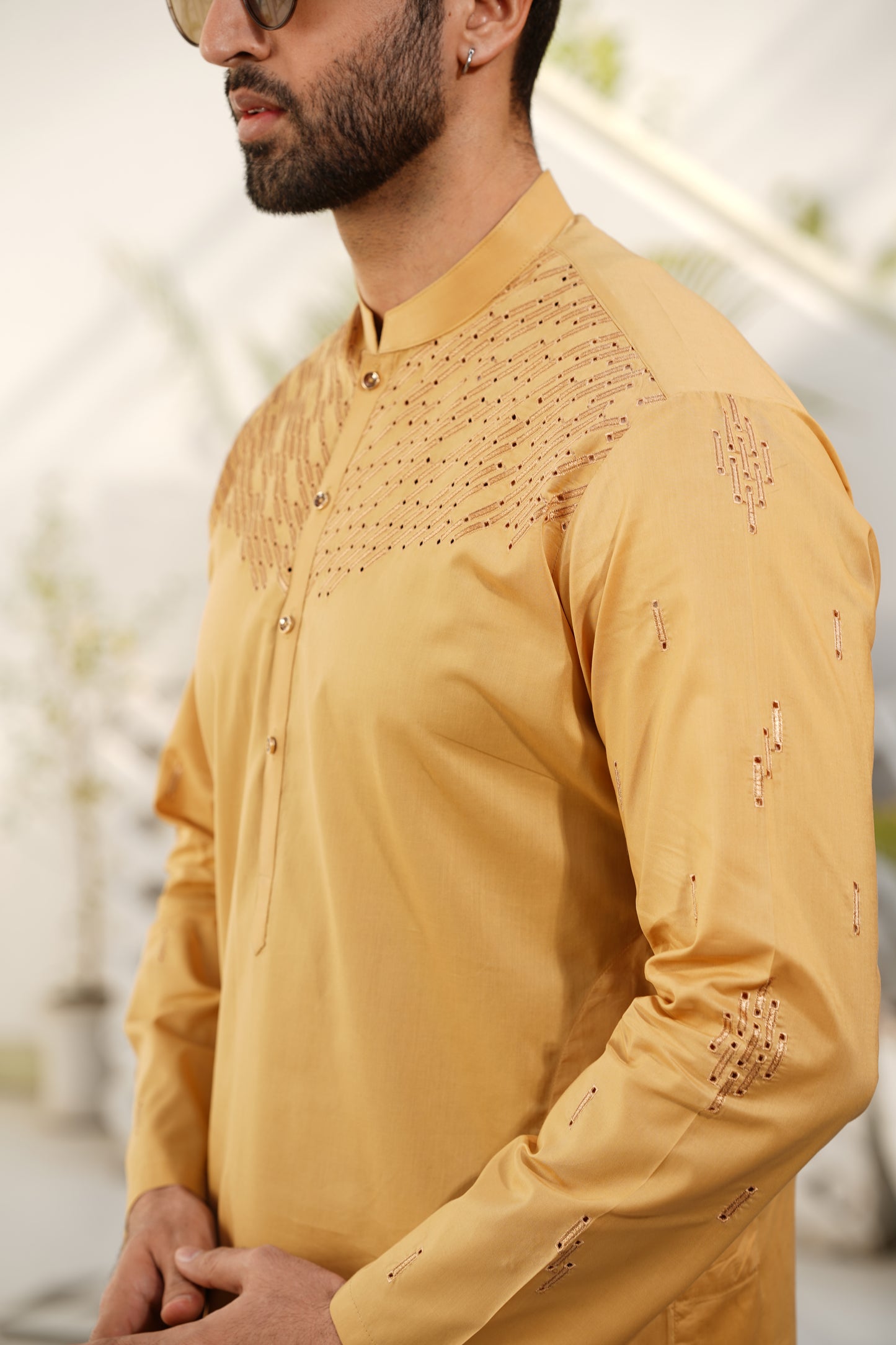 Blonde Embroidered Kameez Shalwar - Chest Cut-Work & Sleeve Motif