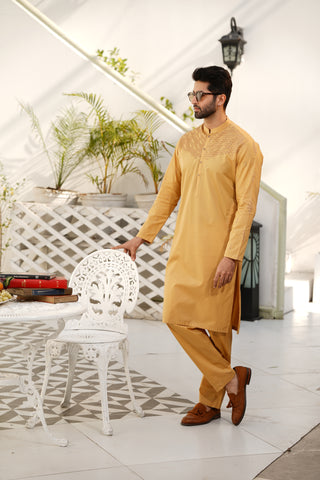 Blonde Embroidered Kameez Shalwar - Chest Cut-Work & Sleeve Motif