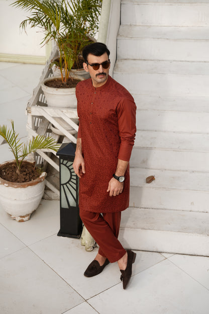 Merlot Embroidered Kameez Shalwar - Allover Front Design