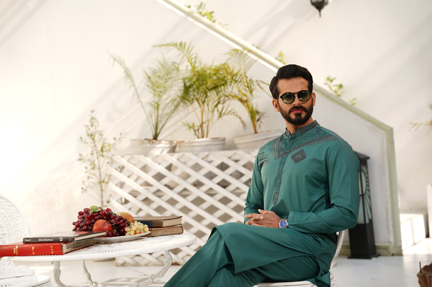 Pine Green Embroidered Kameez Shalwar - Chest & Placket Design