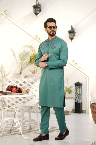 Pine Green Embroidered Kameez Shalwar - Chest & Placket Design