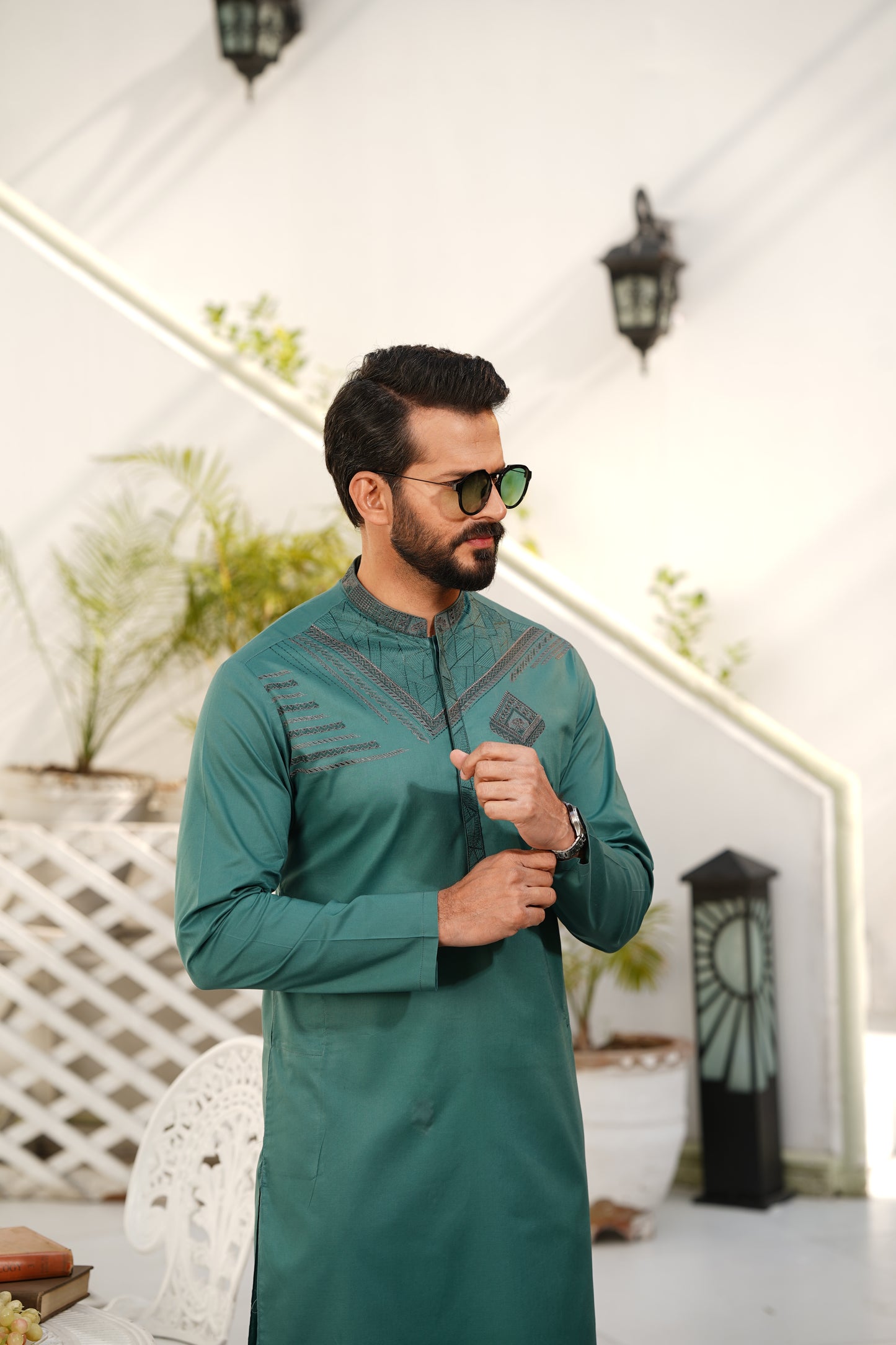 Pine Green Embroidered Kameez Shalwar - Chest & Placket Design