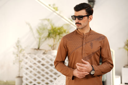 Mud-Brown Embroidered Kameez Shalwar - Soft Cotton Chest & Placket Design