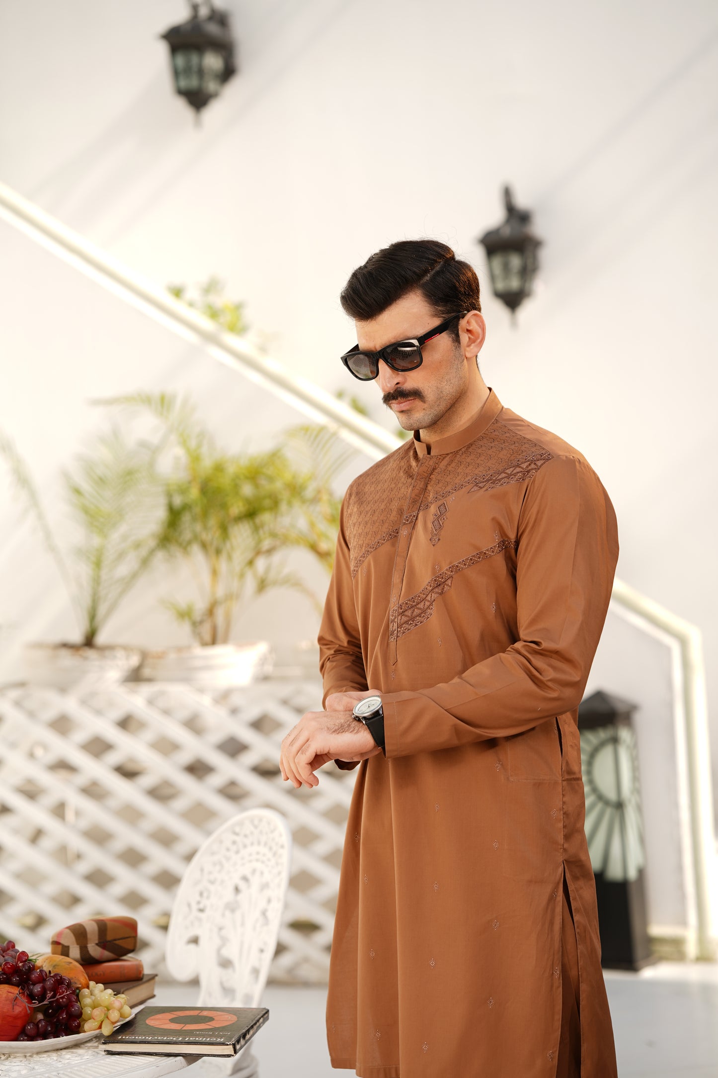 Mud-Brown Embroidered Kameez Shalwar - Soft Cotton Chest & Placket Design