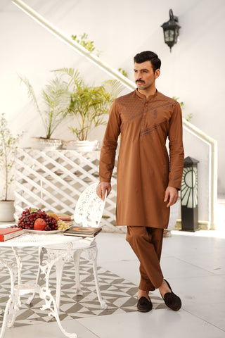 Mud-Brown Embroidered Kameez Shalwar - Soft Cotton Chest & Placket Design