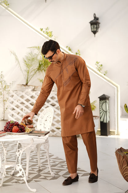 Mud-Brown Embroidered Kameez Shalwar - Soft Cotton Chest & Placket Design