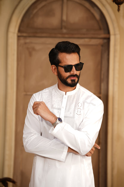 Men Embroidered Kameez Shalwar Off-White - Soft Cotton Cutwork Design