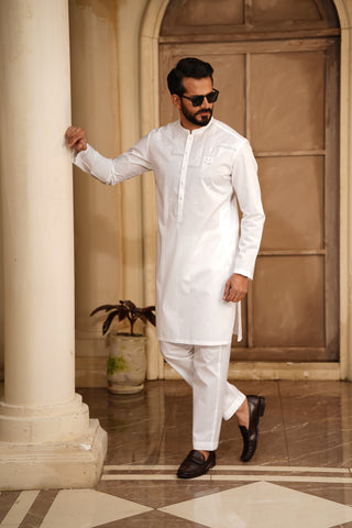 Men Embroidered Kameez Shalwar Off-White - Soft Cotton Cutwork Design