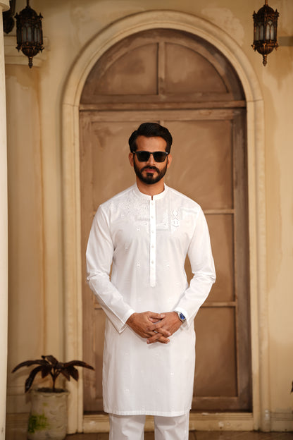 Men Embroidered Kameez Shalwar Off-White - Soft Cotton Cutwork Design