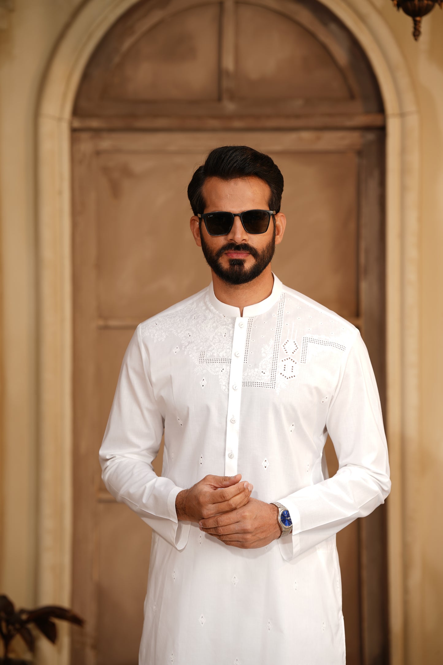 Men Embroidered Kameez Shalwar Off-White - Soft Cotton Cutwork Design