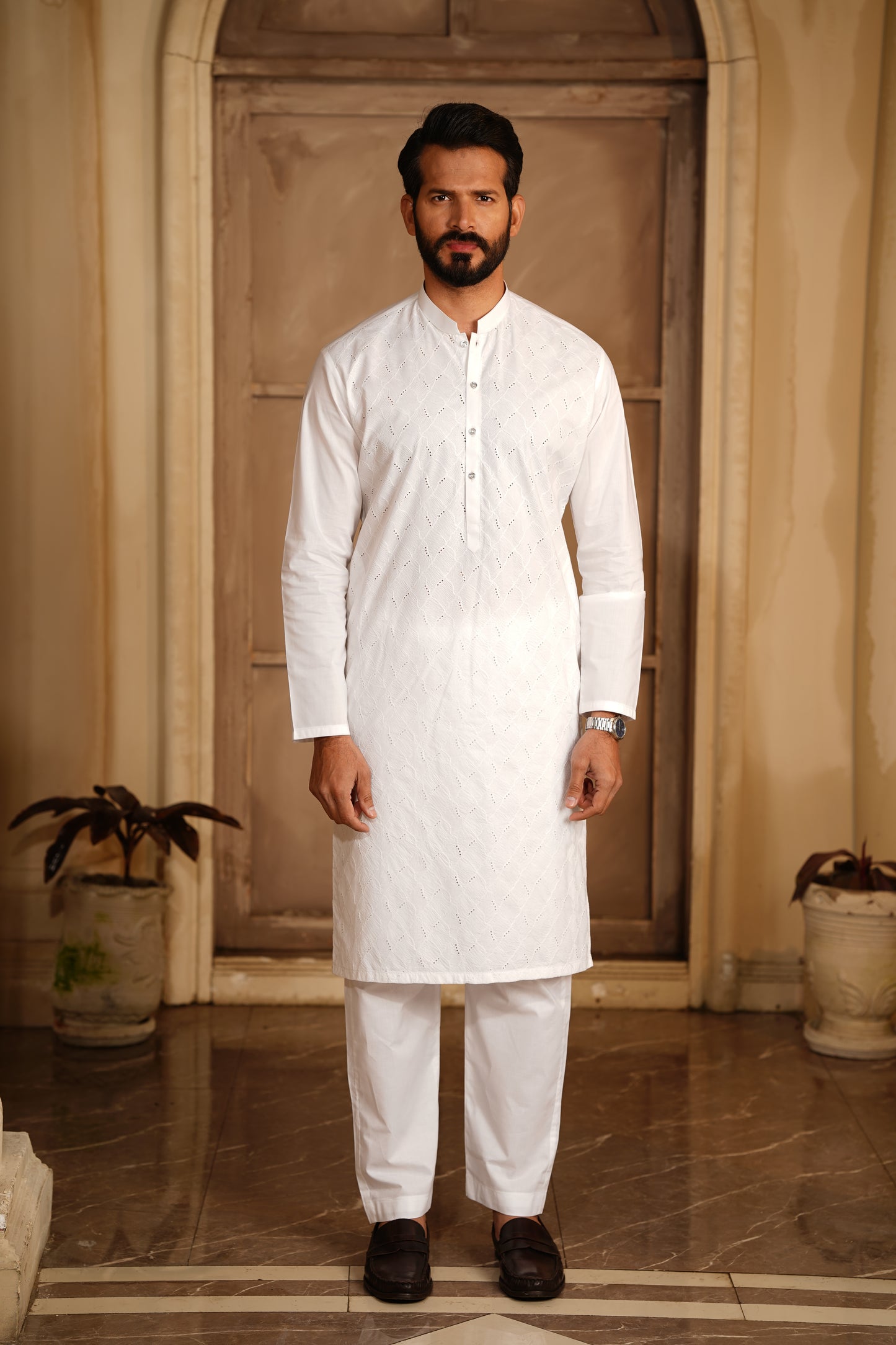 Men Off-White Embroidered Kameez Shalwar - Luxury Soft Cotton Cutwork