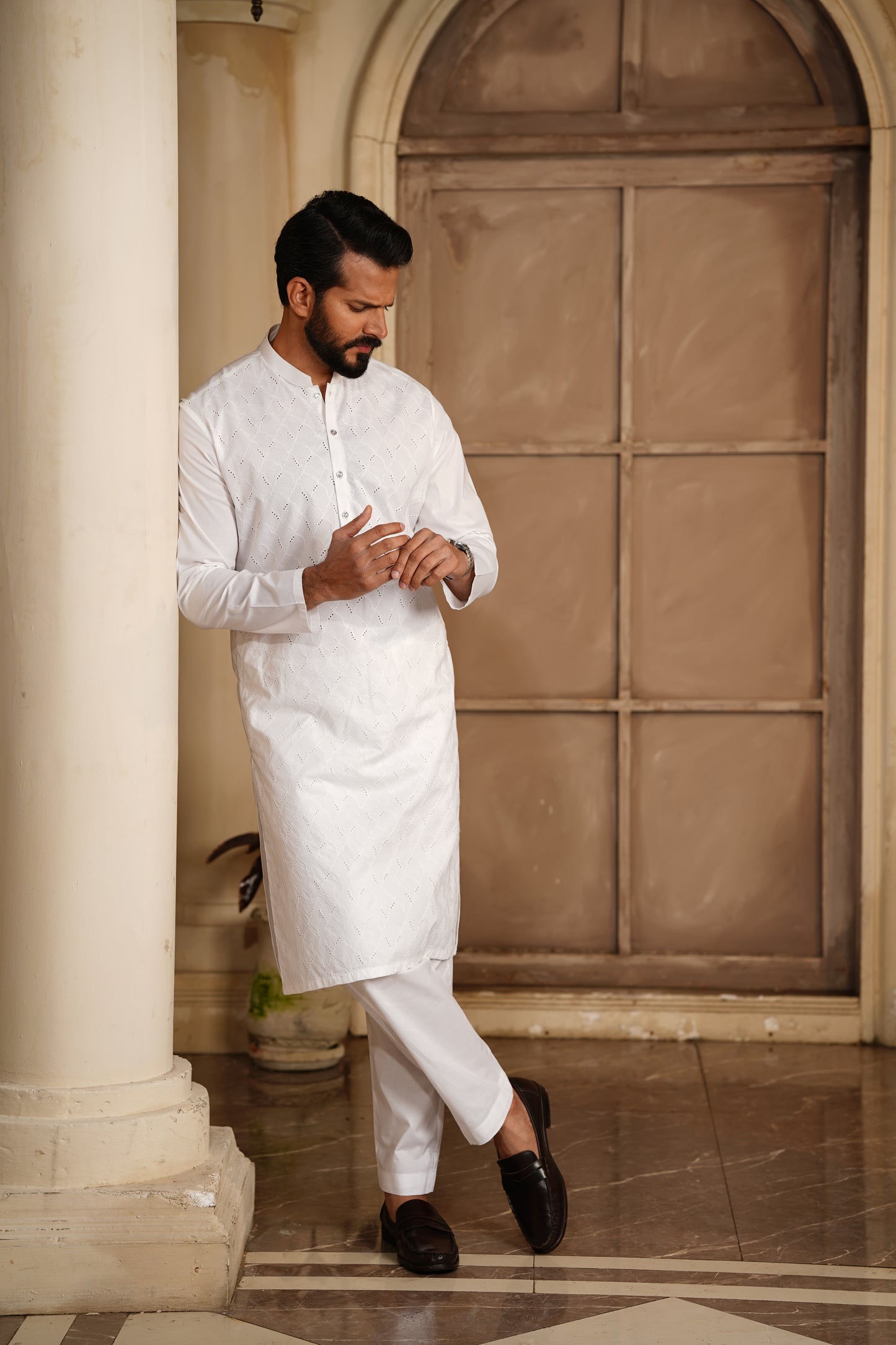 Men Off-White Embroidered Kameez Shalwar - Luxury Soft Cotton Cutwork