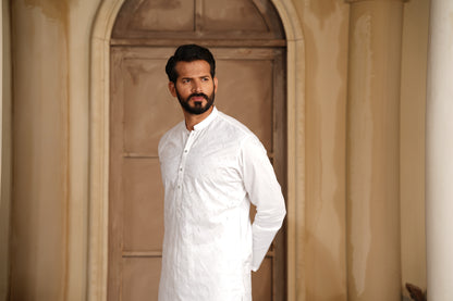 Men Off-White Embroidered Kameez Shalwar - Luxury Soft Cotton Cutwork