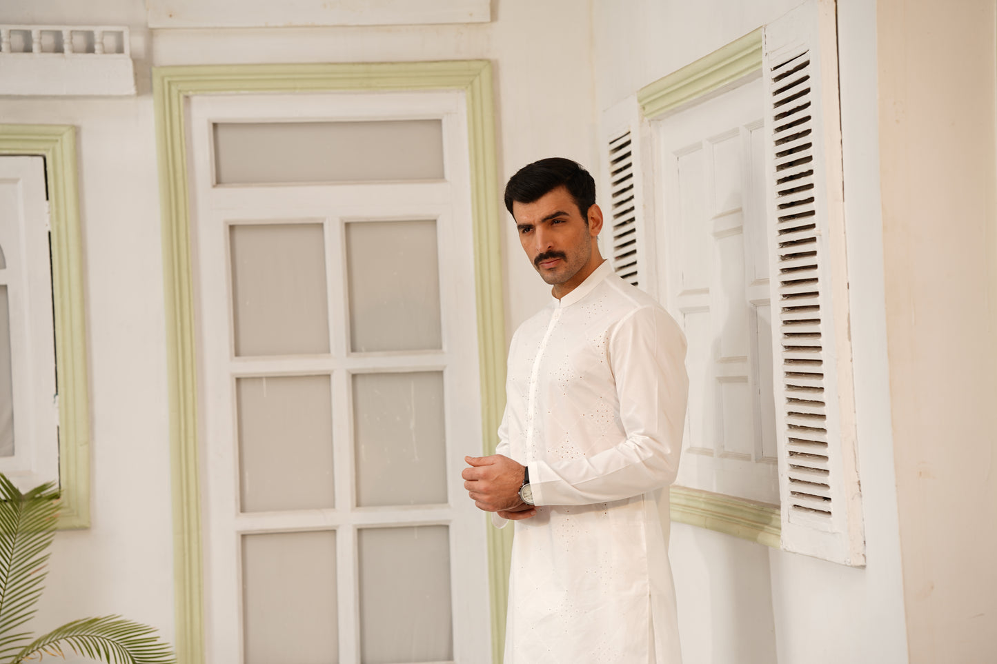 Men Off-White Embroidered Kameez Shalwar - Cotton-Thread Cutwork Design