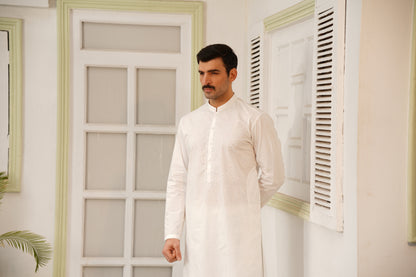 Men Off-White Embroidered Kameez Shalwar - Cotton-Thread Cutwork Design