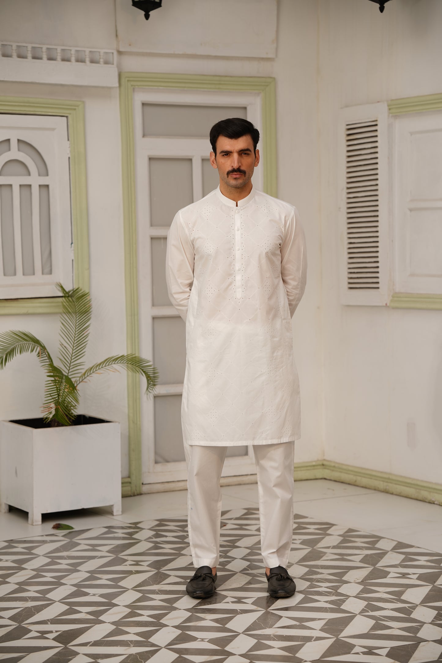 Men Off-White Embroidered Kameez Shalwar - Cotton-Thread Cutwork Design