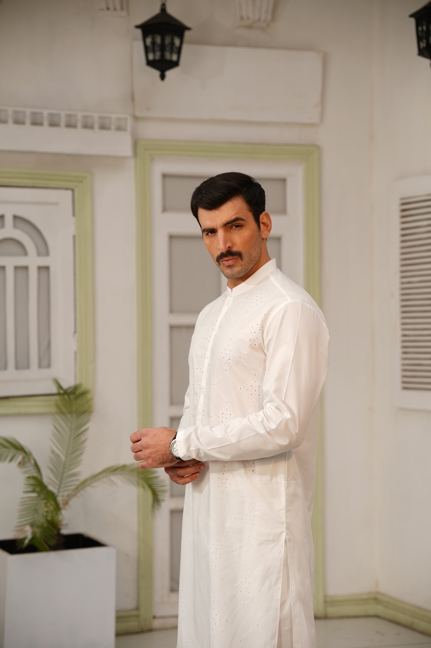 Men Off-White Embroidered Kameez Shalwar - Cotton-Thread Cutwork Design