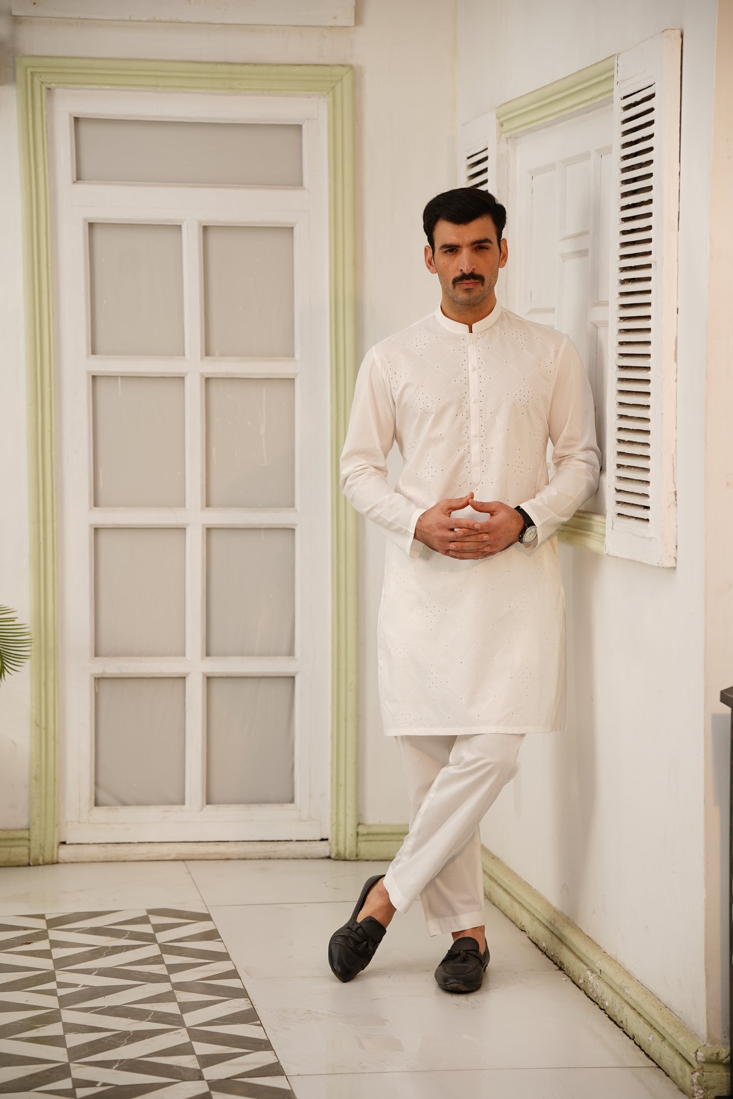 Men Off-White Embroidered Kameez Shalwar - Cotton-Thread Cutwork Design