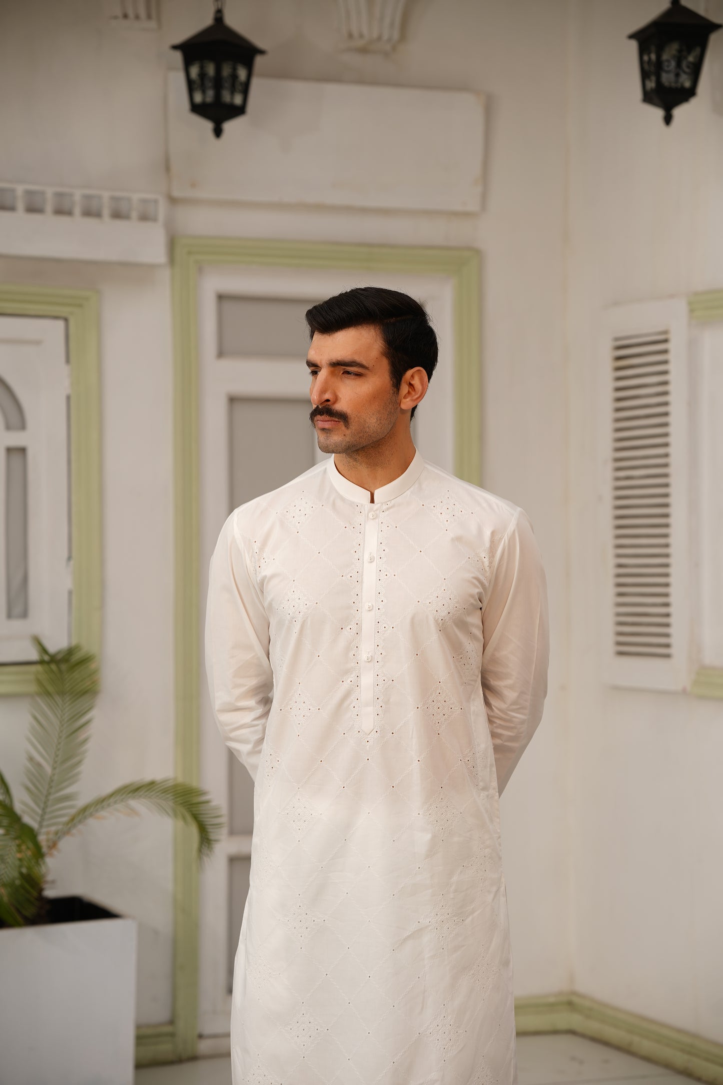 Men Off-White Embroidered Kameez Shalwar - Cotton-Thread Cutwork Design