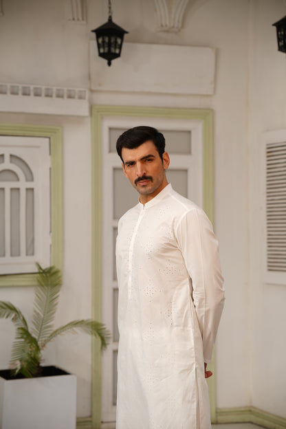 Men Off-White Embroidered Kameez Shalwar - Cotton-Thread Cutwork Design