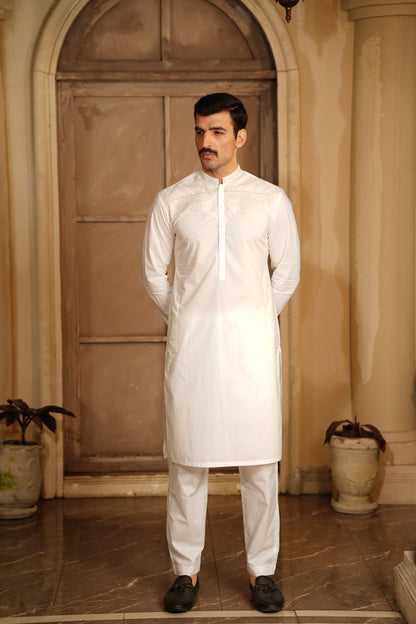 Off-White Embroidered Kameez Shalwar - Cotton-Thread Cutwork Design