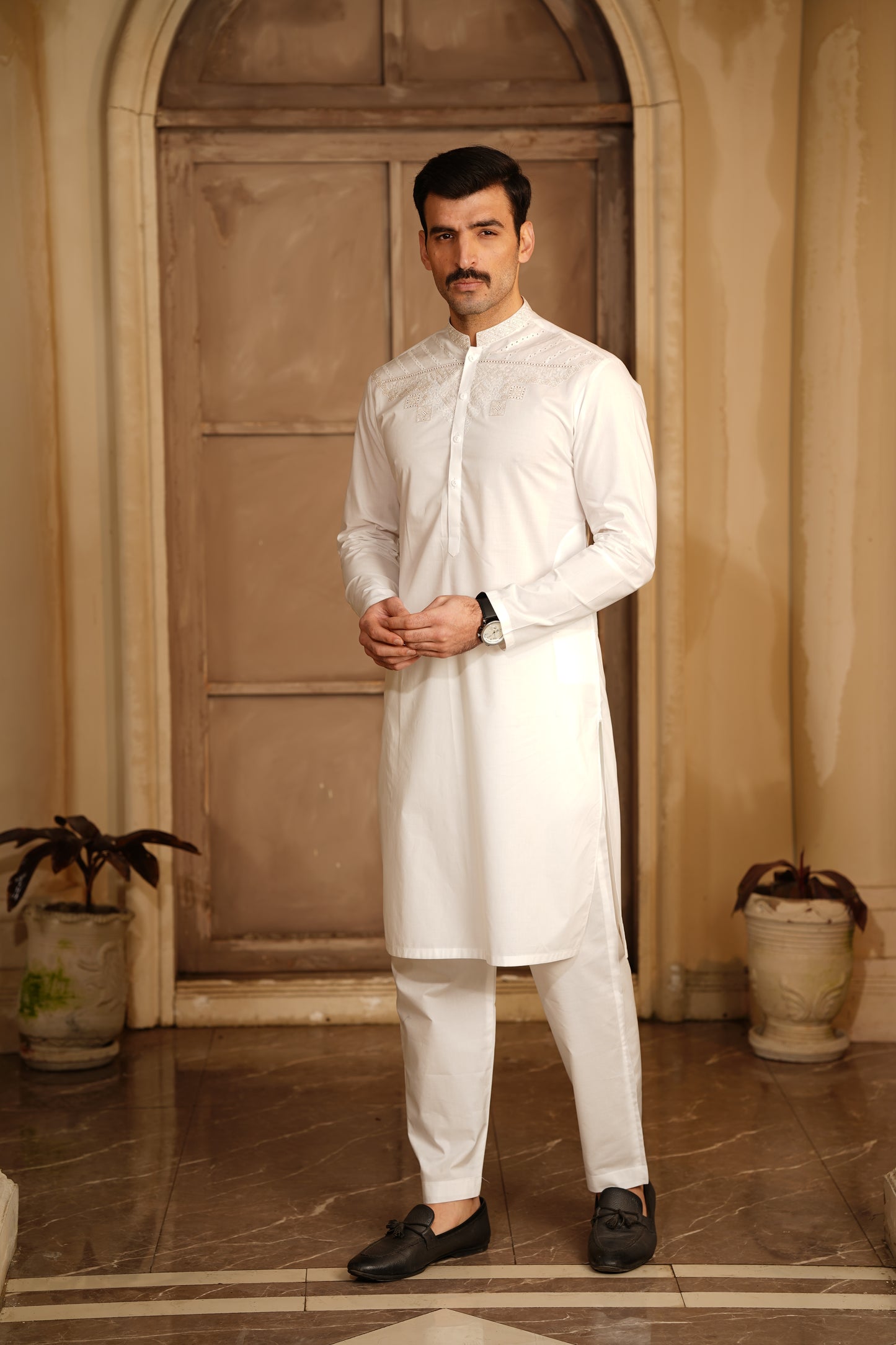 Off-White Embroidered Kameez Shalwar - Cotton-Thread Cutwork Design